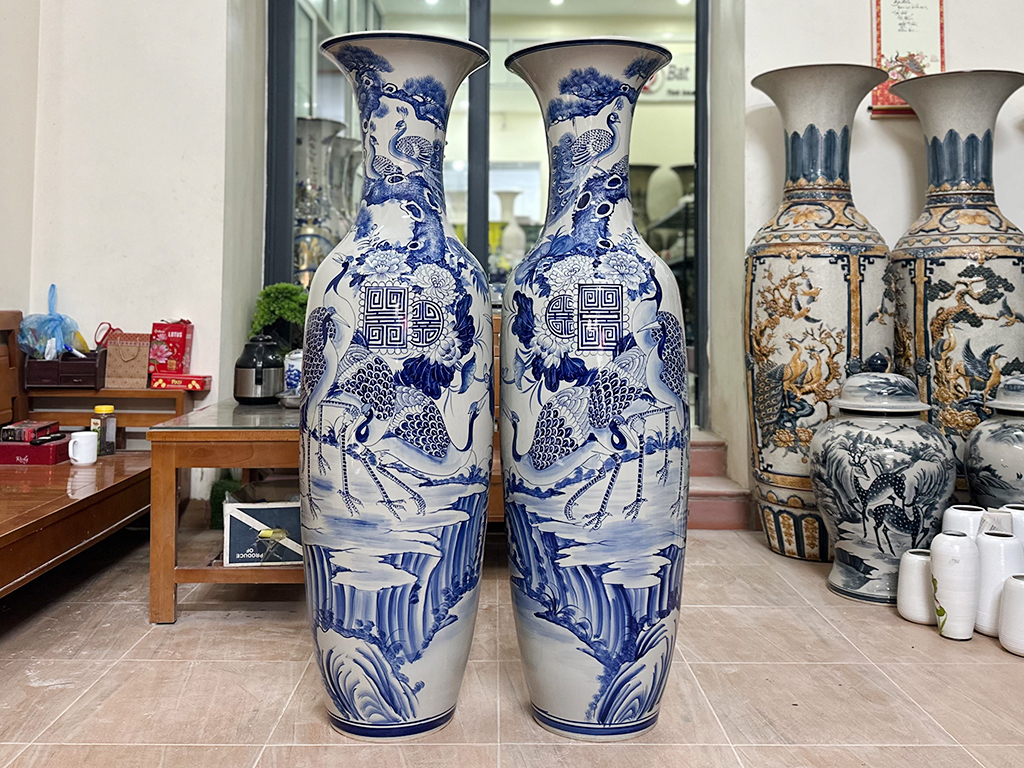 Lọ lộc bình Bát Tràng men lam Tùng Hạc Ngũ Phúc 1m4 1